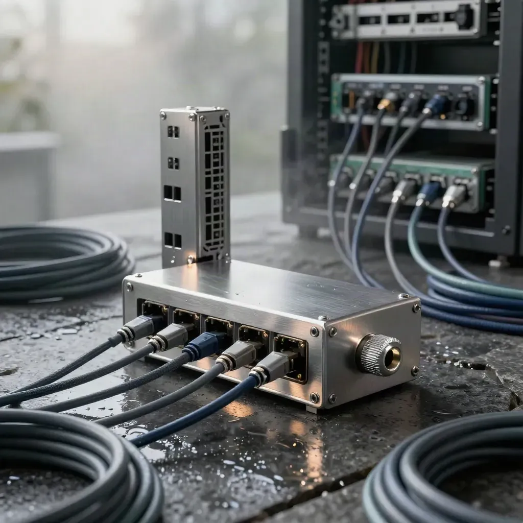 Brushed aluminum server-routing hardware on wet stone at dawn with mist and cool rim light.