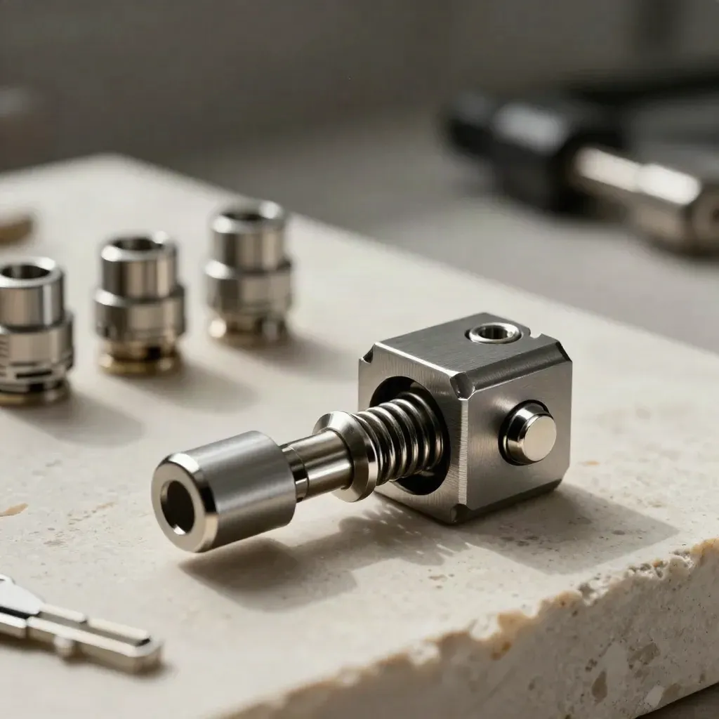 Machined connectors and a spring latch on pale stone in dramatic studio light.