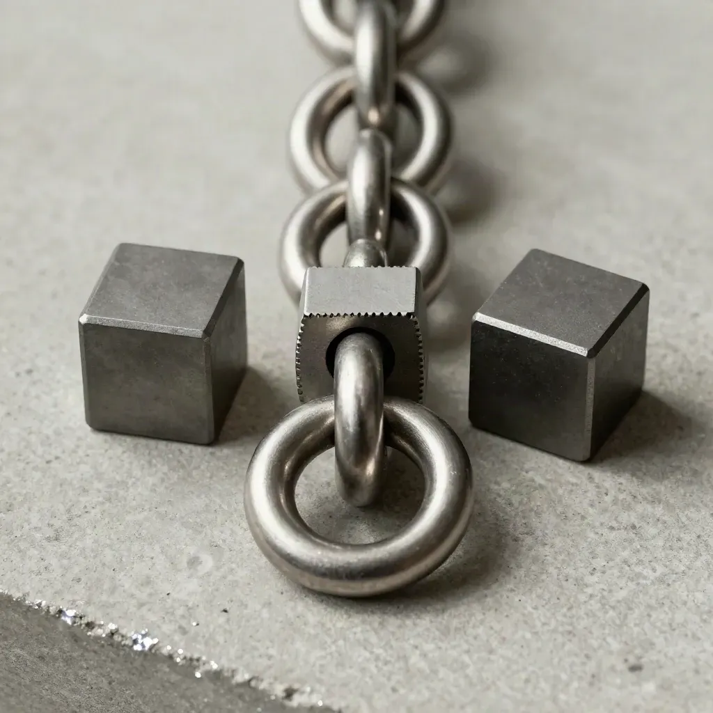 Top-down macro of linked steel rings, connector blocks, and graphite cubes on concrete