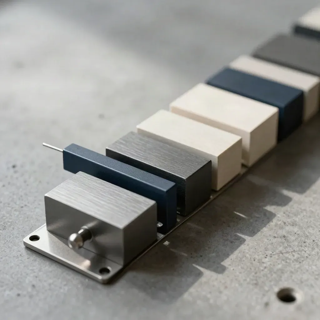 Metal modular blocks and alignment pins forming a diagonal workflow path on a matte plate.